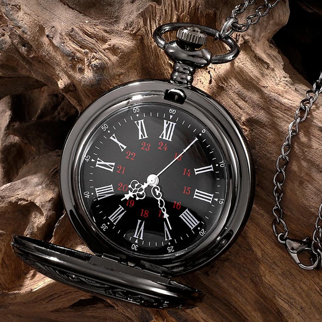 Vintage Charm Black Unisex Fashion Roman Number Quartz Steampunk Pocket Watch Women Man Necklace Pendant with Chain Gift