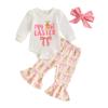 Baby Girls Easter Outfits Puff Sleeve Bow Letter Print Romper + Pants + Headband Set Infant Clothes