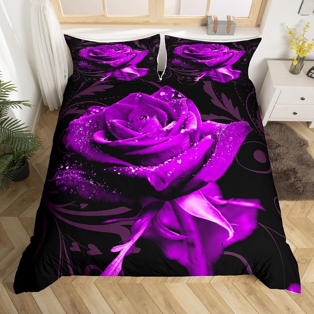 Purple Rose Duvet Cover Set Queen Size Romantic Flowers Bedding Set Valentine'S Day Floral Comforter Cover Lover Couple Gift