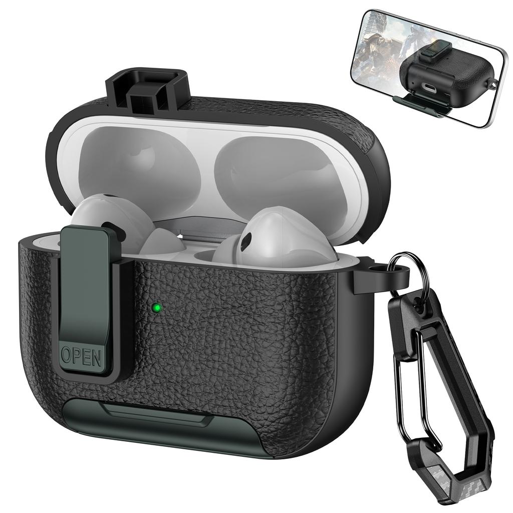 For Apple AirPods Pro Protective Case with Stand Litchi Texture Leather TPU + PC Earphone Cover with Lock Buckle and Carabiner