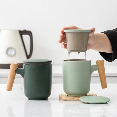 Керамическая кружка для чая Changbaosen с ситечком и деревянной ручкой