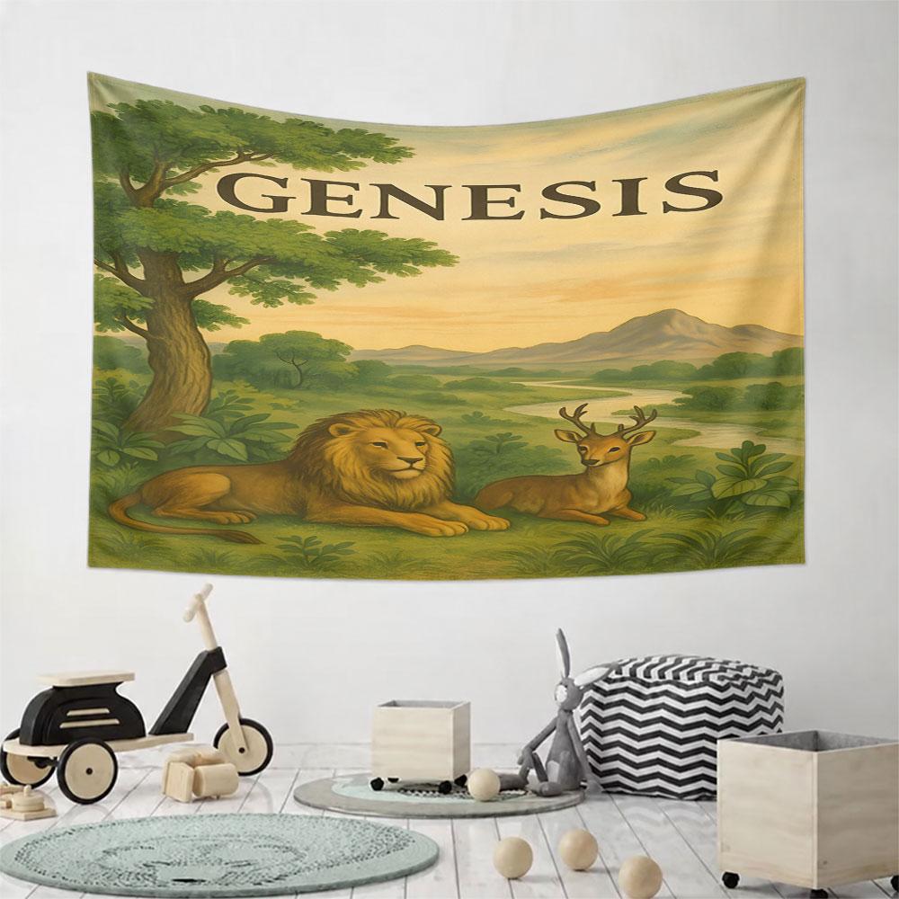 Lion and Deer in Genesis Paradise Scene Pattern Wall Hanging Tapestry Decorative Tapestry Home Decor for Bedroom and Living Room