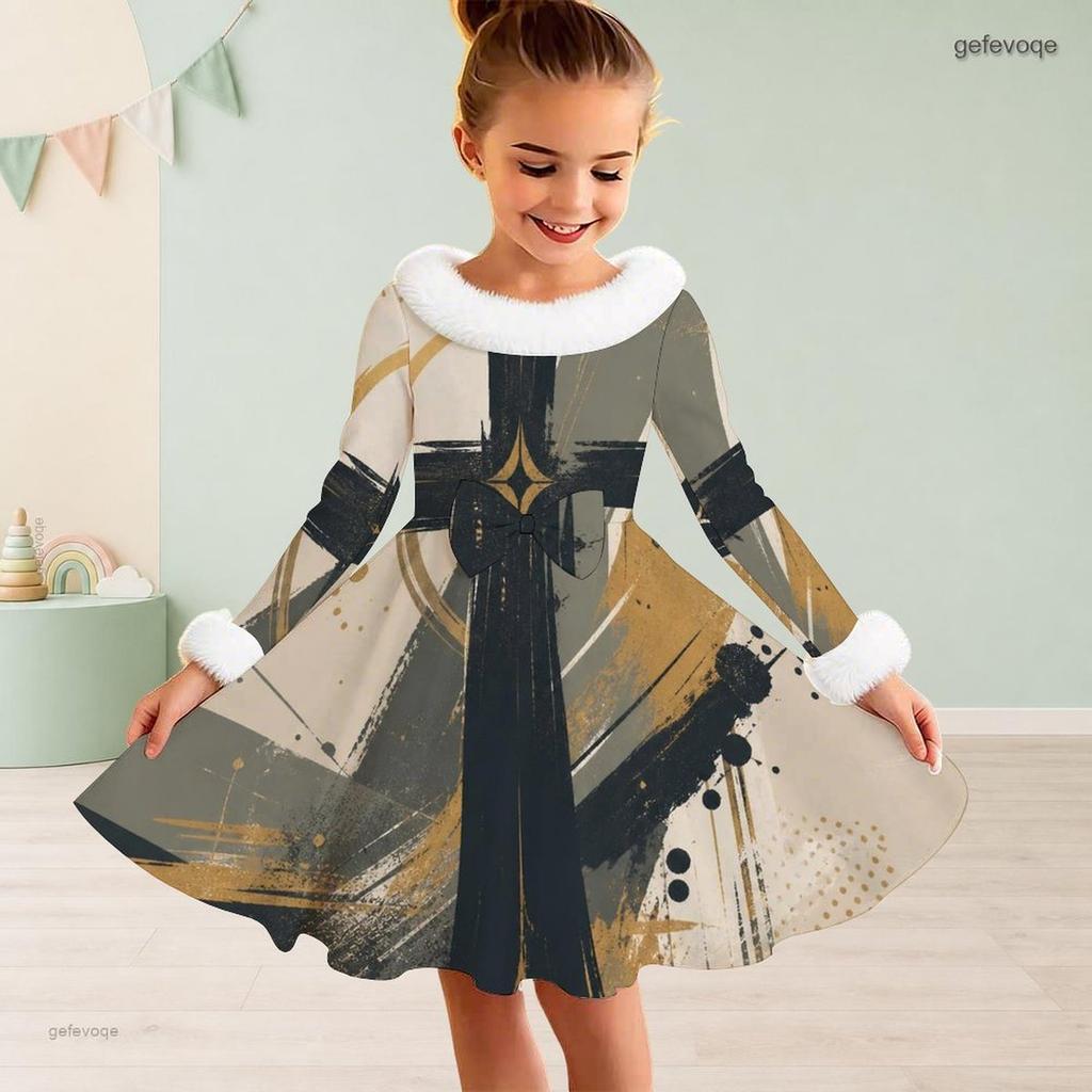 Girls High Neck Long Sleeve Printed Dark Navy Tie Waist A Line Flared Dress With White Fur Trim