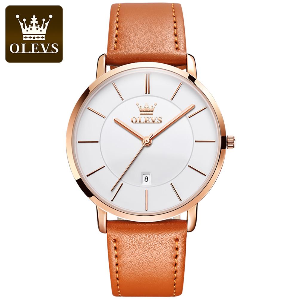 OLEVS 5869 Ultra Thin 6.5mm Quartz Watch for Men Fashion Leather Strap Simple Luxury Auto Date Clock Waterproof Men's Wristwatch