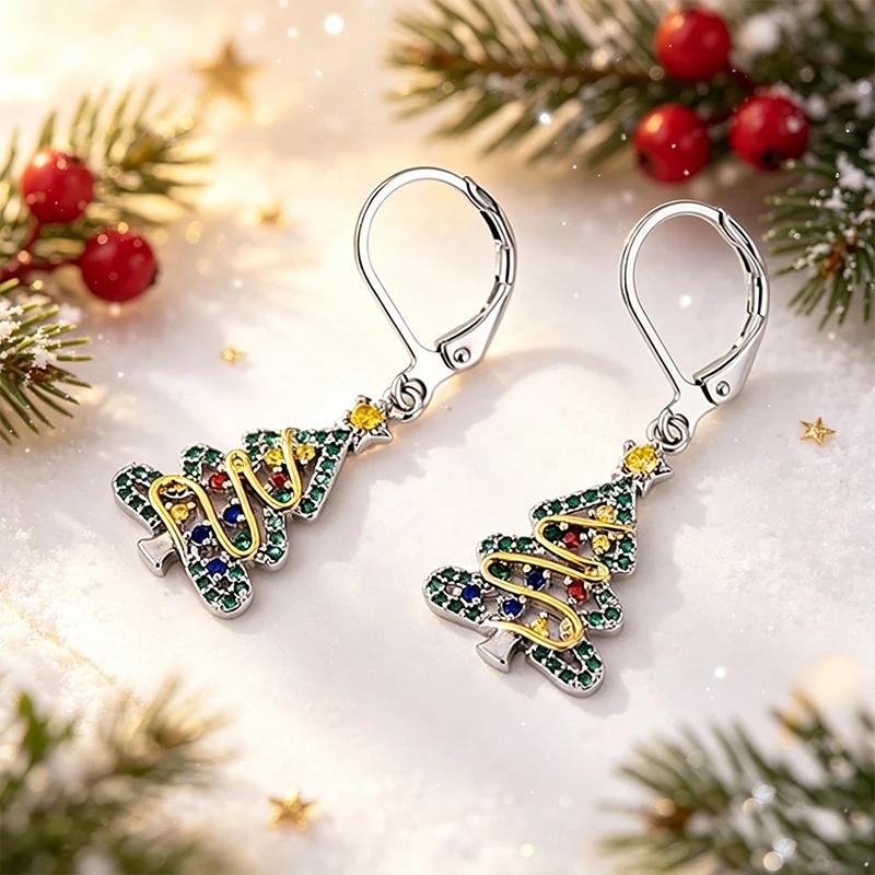 Sparkling Colorful Cubic Zirconia Two Tone Christmas Tree Drop Earrings for Women Fashion Festival Xmas Elegant Jewelry earrings
