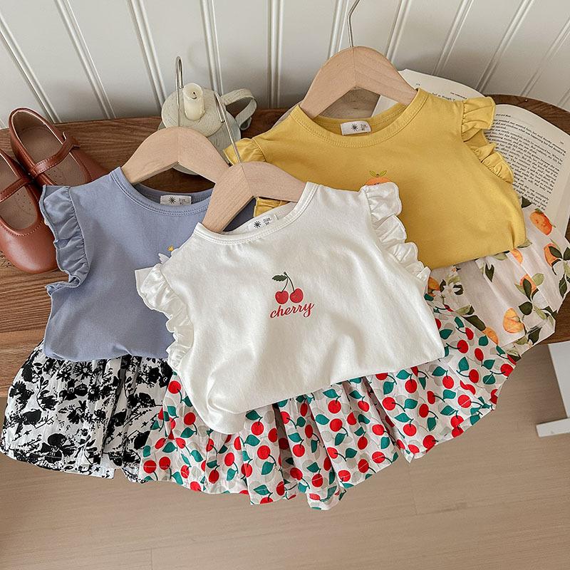 Girls Summer Butterfly Print Short Sleeve T Shirt Two Piece Set Kids Clothing