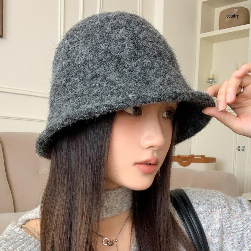 Женская вязаная шляпа-ведро из смесовой шерсти в корейском стиле - Теплая, универсальная, для большой головы, на осень/зиму