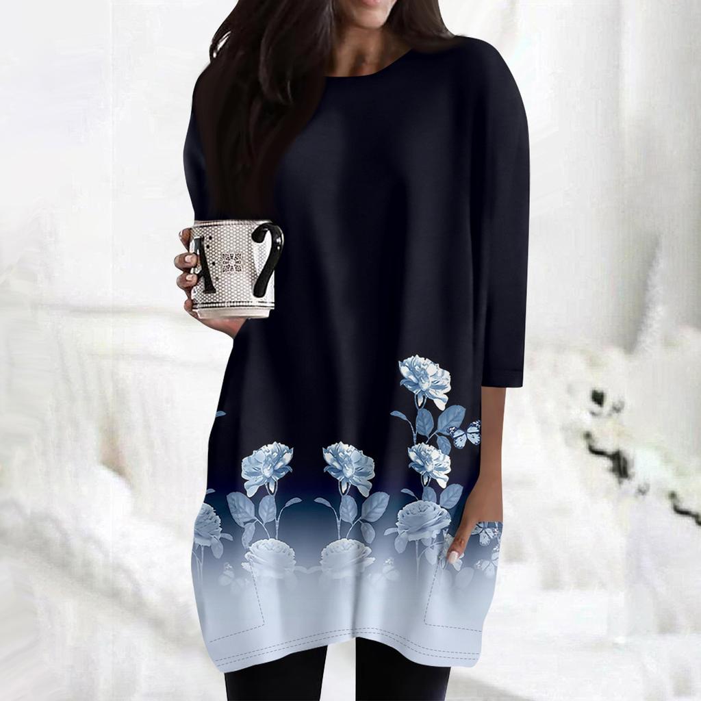 Женские повседневные рубашки с рукавами 3/4, модные туники с принтом, топы с карманами