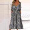 Summer Women Dress A-line Loose Hem Pleated O Neck Button Short Sleeve Loose Side Pockets Retro Floral Print Mid-calf Length Commute Beach Midi Dress