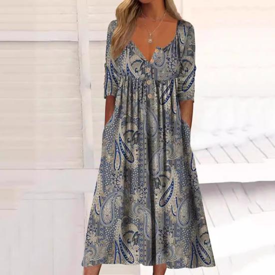Summer Women Dress A-line Loose Hem Pleated O Neck Button Short Sleeve Loose Side Pockets Retro Floral Print Mid-calf Length Commute Beach Midi Dress