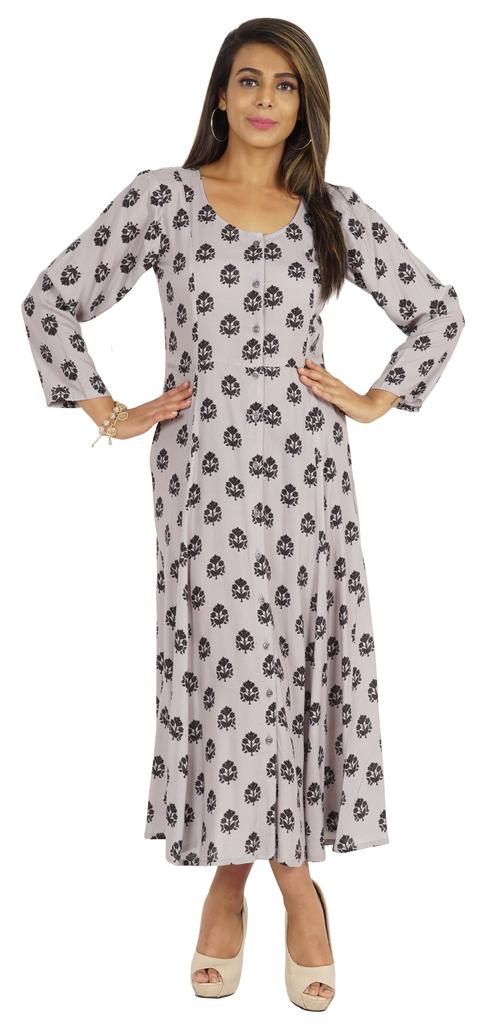 Bimba Printed Maxi Dress For Women Front Button Placket Ethnic Dress Casual Rayon
