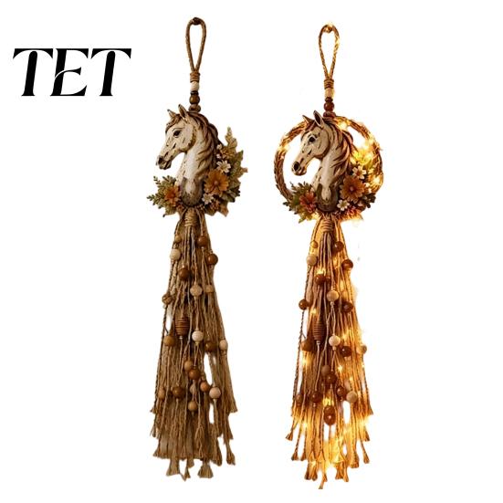 Decorative Horse Head for Home Farmhouse Wall Decor, Boho Hanging Ornament with Wood Beads Handmade Bead Accent Tassels, Rustic Art Living Room