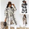 Women Plaid Long Woolen Coat Fashion Long Sleeve Button Lapel Office Ladies Mid-length Coat