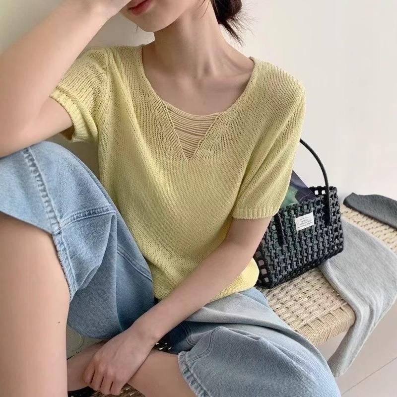 Summer New Hollow V-neck Short-sleeved Knitted Sweater Loose and Thin Thin Yarn Cool T-shirt Top