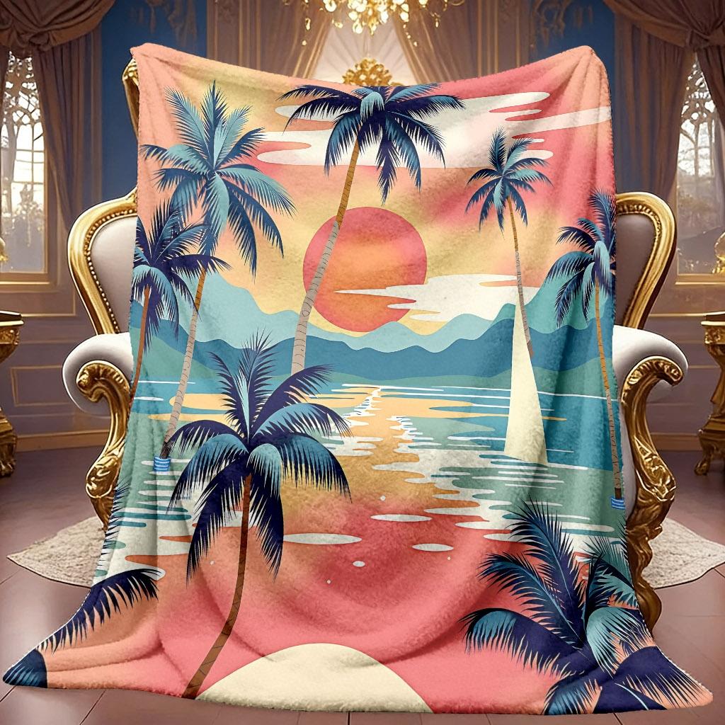 1pc 2D Sunset Palm Tree Sailboat Theme Pattern Flannel Blanket, Soft HD Digital Print, Cooling Blanket All Year Round! Soft And Breathable 100% Polyes