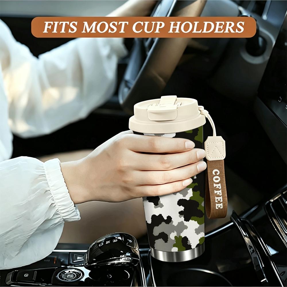 Camouflage Print Outdoor Travel Mug, Insulated Coffee Tumbler Walled Vacuum Thermal Cup, Leakproof Stainless Steel Flask for Camping Hiking