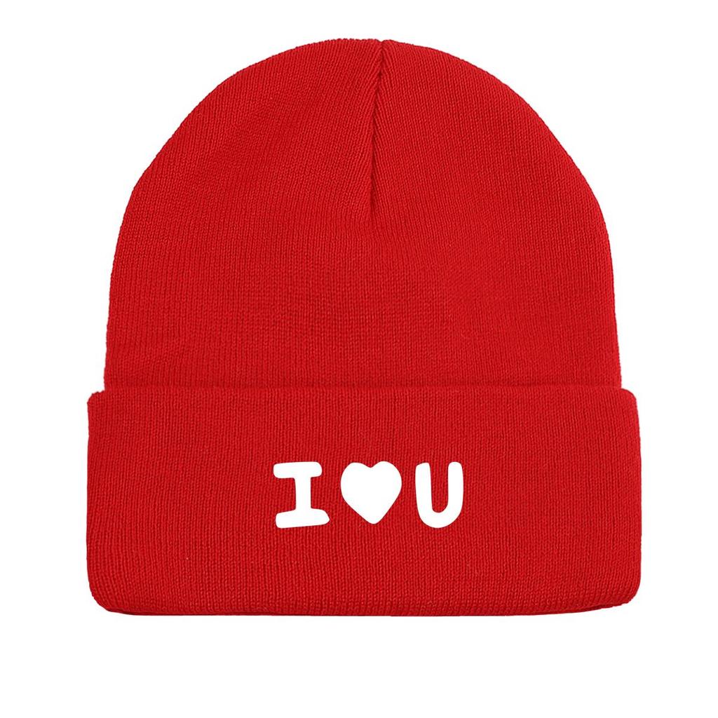 White "I Love U" Print Knit Hat Beanie, Man Cap Soft Cozy Solid Gorro Knit Cap Beanie