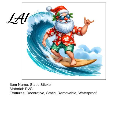 Outdoor Balcony Window Decor Christmas Surfing Santa Claus Static Glass Sticker Tropical Waterproof PVC Decal for Sunproof Surface Decals Home Store