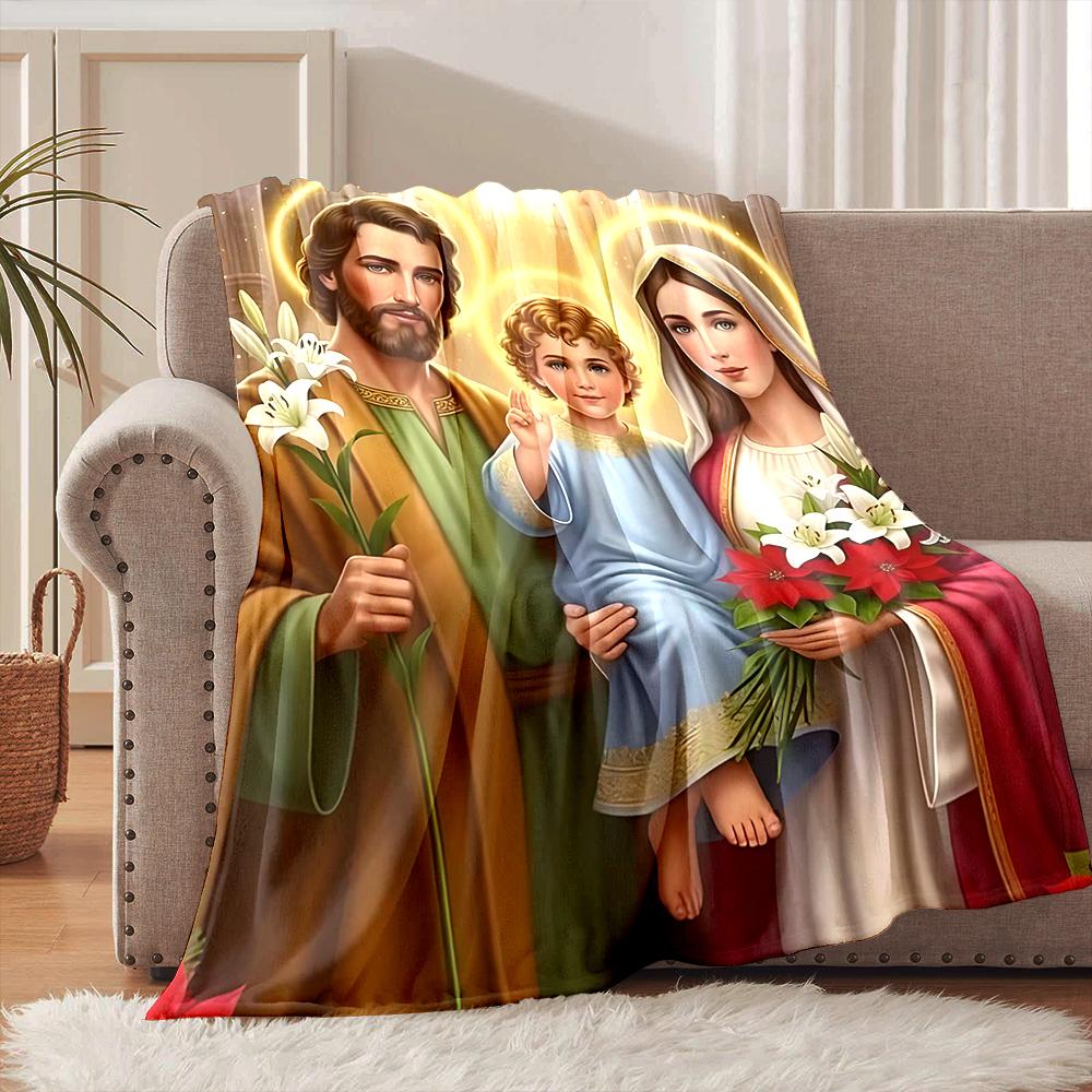 1PC Holy family with flowers Faith-printed Flannel Blanket Soft and Warm Suitable for Home Travel Picnics Camping and RV Use