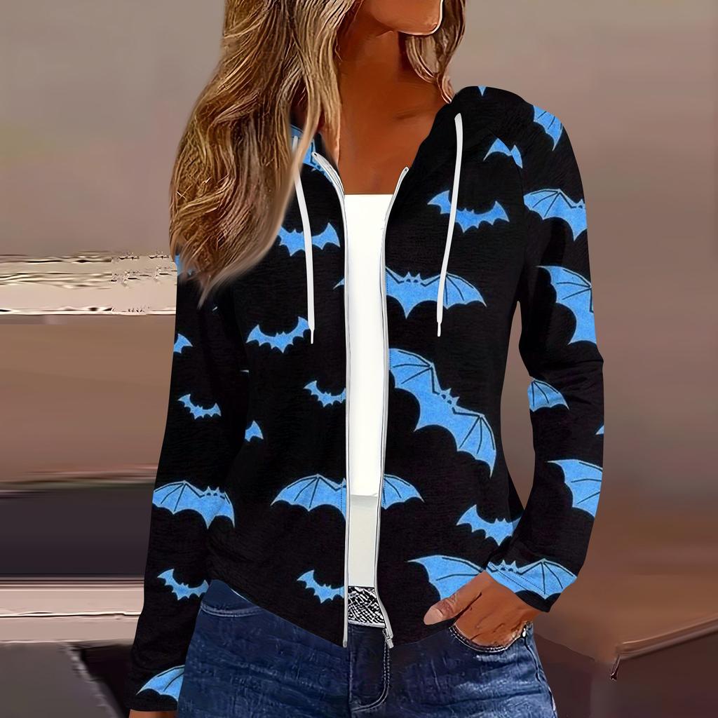 Women's Fashion Casual Zip Up Hooded Halloween Print Long Sleeve Sweatshirts Coat