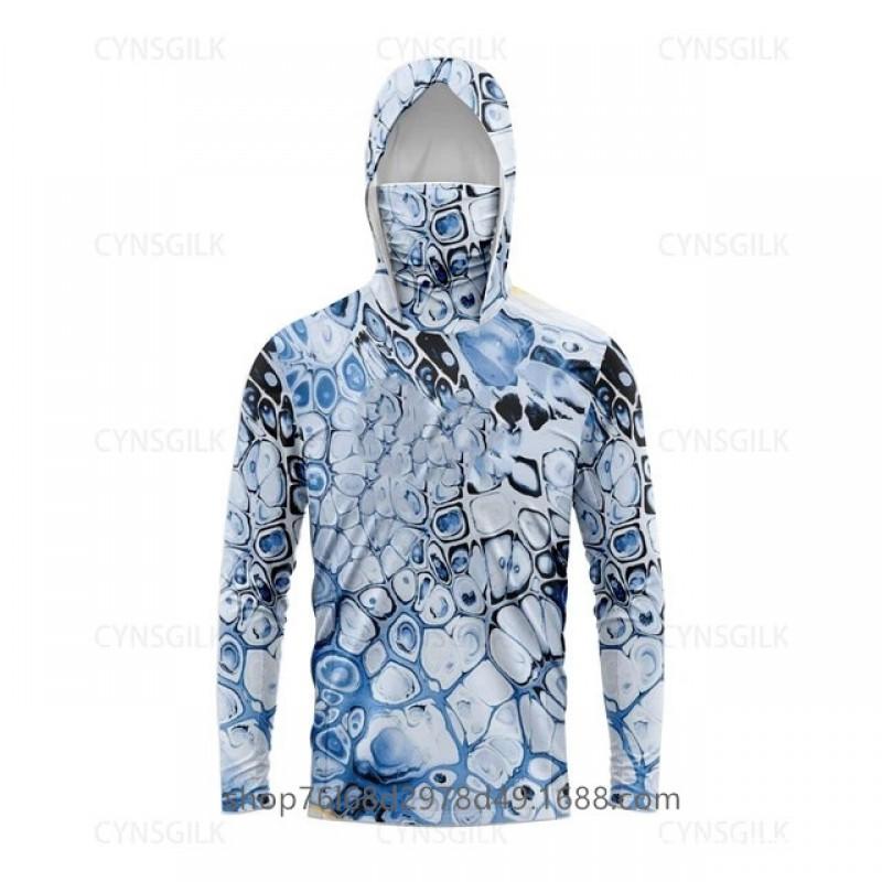 Mens Quick-Dry Ice Silk Long Sleeve Fishing Shirt With Hood Integrated Face Cover UV Protection Outdoor Sunproof Apparel