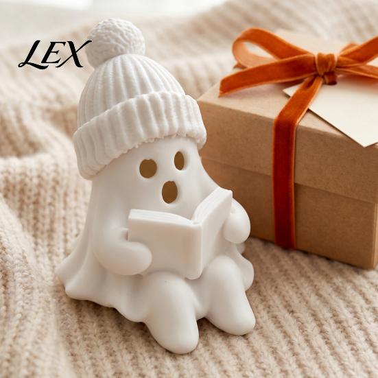 Halloween Ghost Statue Cute Figurine, 3D Printed Reading with Knit Beanie Desktop Ornament Hat, Whimsical Christmas Ornament, Winter Home Shelf Decor
