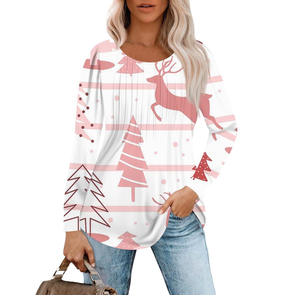 Женская повседневная футболка с круглым вырезом и длинными рукавами с рождественским принтом и складками