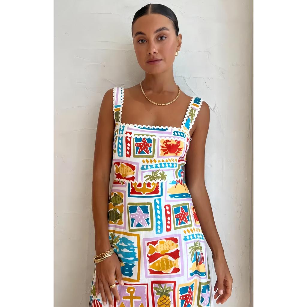 QICED Fashion Personality Graffiti Halter Top Sexy Lace Dress Women