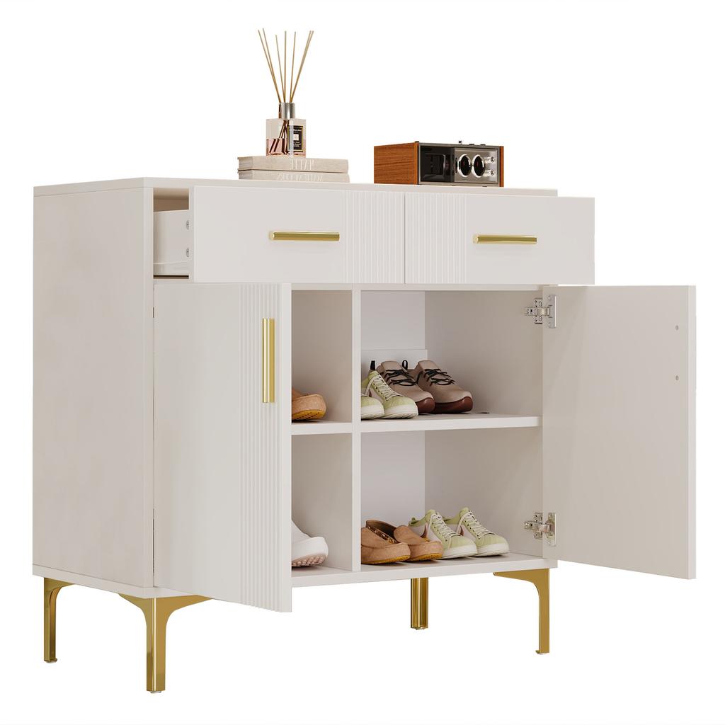 Modern sideboard cabinet with 2 doors and 2 drawers – storage cabinet with metal handles and metal feet for living room, hallway or dining room.