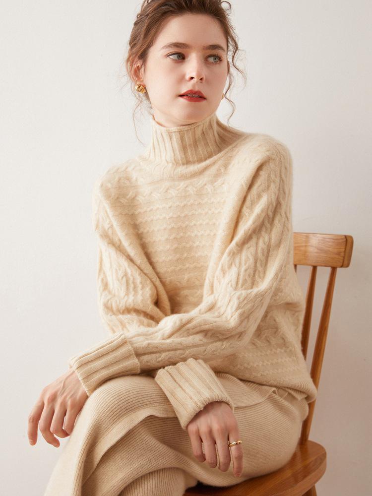 Women's Retro High-Neck Cable Knit Cashmere Sweater, Loose-Fit, Light Color, Pullover Style