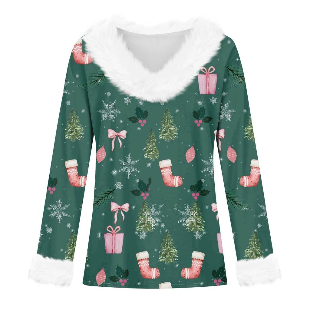 Женская футболка с рождественским принтом, футболка с длинным рукавом, флисовый воротник, топ с V-образным вырезом