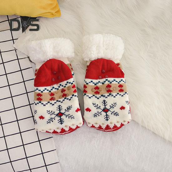 1 Pair Winter Floor Socks Thickened Fuzzy Plush Warmth Retention Christmas Elk Snowflake Print Leg Warmer Silicone Bottom Fall Winter Floor Socks