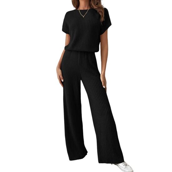 Женский комплект из двух частей, трикотажный свитер с коротким рукавом, топ с широкими штанинами, комплекты для отдыха, повседневный трикотажный наряд в рубчик для весны и осени