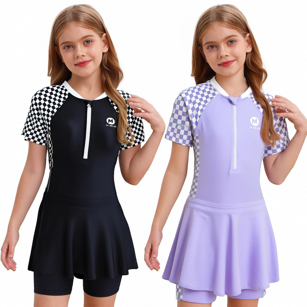 Girls 2 Piece Swim Set Boycut Bodysuit Swim Skirt Cover Up UPF 50+ Rashguard Bathing Suit
