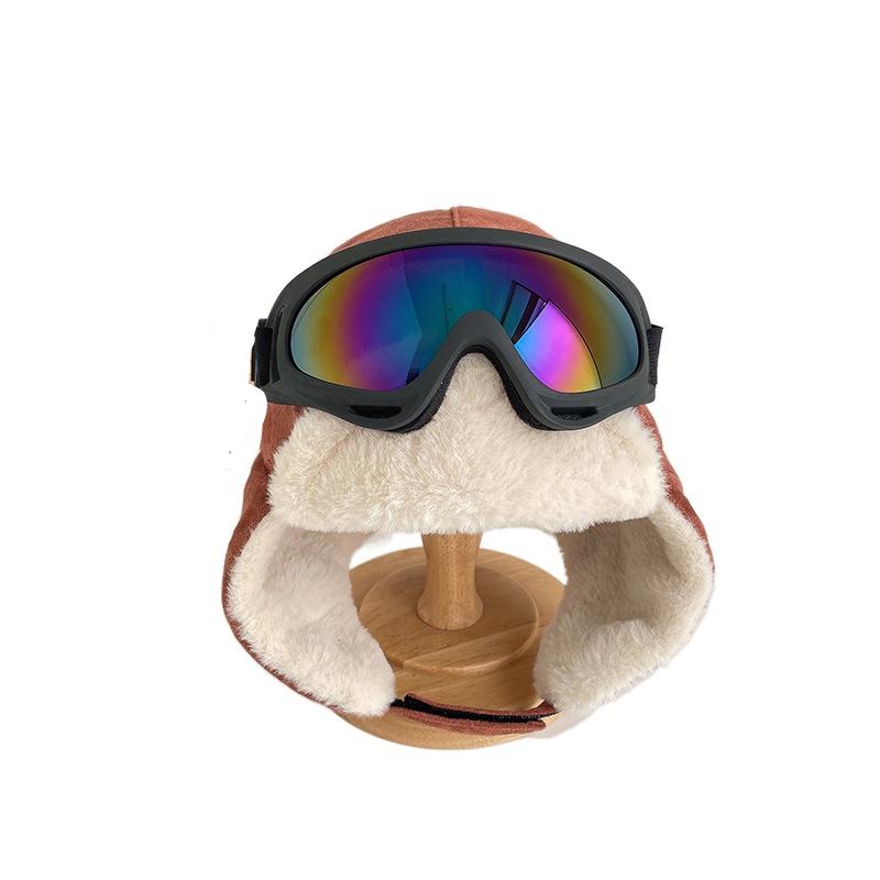 Cute Ski Cap with Glasses Goggles Plush Pilot Hat Cartoon Kids Bear Ears Hat Winter