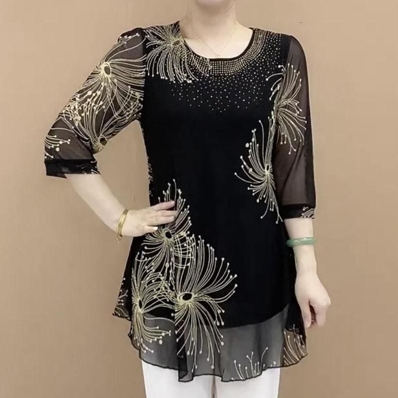 Printed Fashion 3/4 Sleeve Chiffon T-shirt for Female Casual Loose Round Neck Diamonds Tops Summer Womens Clothing