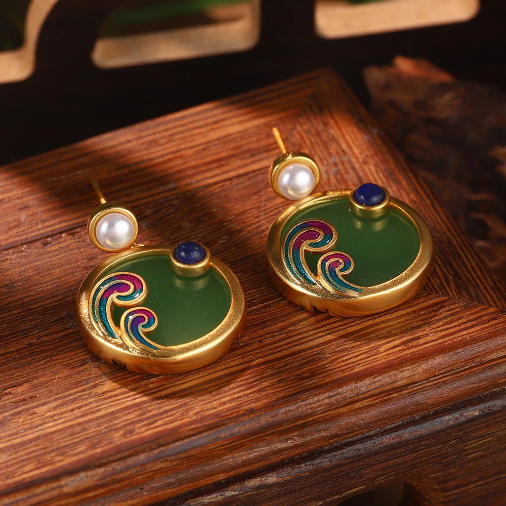 Antique new Chinese style flower fringed pearl earrings Hanfu accessories earrings imitation Hetian jade green agate temperament ear hook