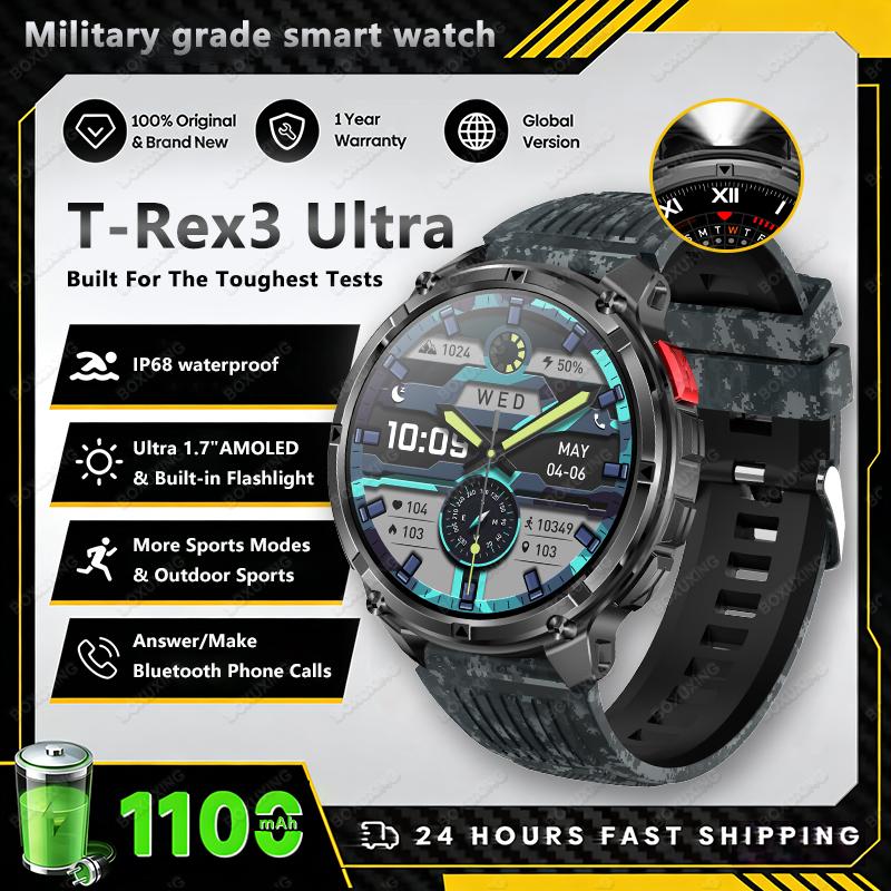 Новые умные часы T-Rex3 Ultra с GPS-трекером, 1,7-дюймовый AMOLED HD-экран, батарея 1100 мАч, фонарик, BT-звонки, для Android iOS