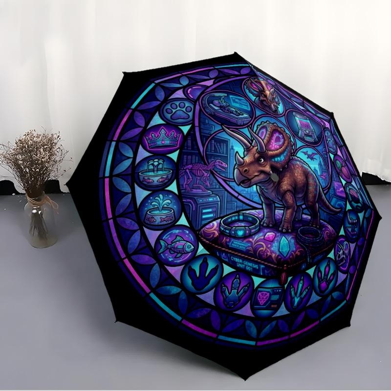 CyberDinosaur Glass pattern umbrella, portable and foldable design, 8 ribs, a casual accessory for Halloween, Christmas, and birthday gifts.