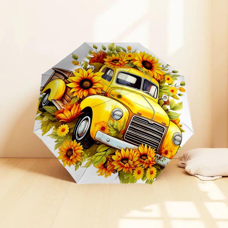 Sunflower Pickup Truck with Automatic Opening Umbrella - Portable Folding Design, 8-Bone Iron Frame Outdoor Umbrella, Ideal Gift for Fans, T