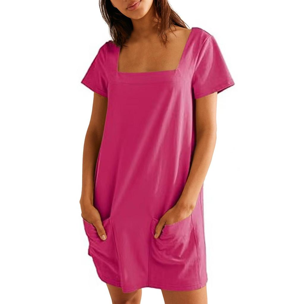 Женское однотонное повседневное платье с квадратным воротником и короткими рукавами, юбкой и карманом