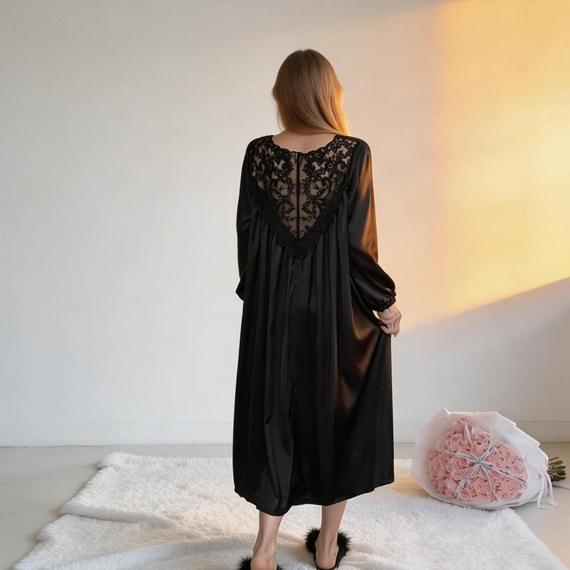 Extended nightdress women's summer lace beauty back large size loose thin ice silk pajamas sexy pure desire long-sleeved skirt