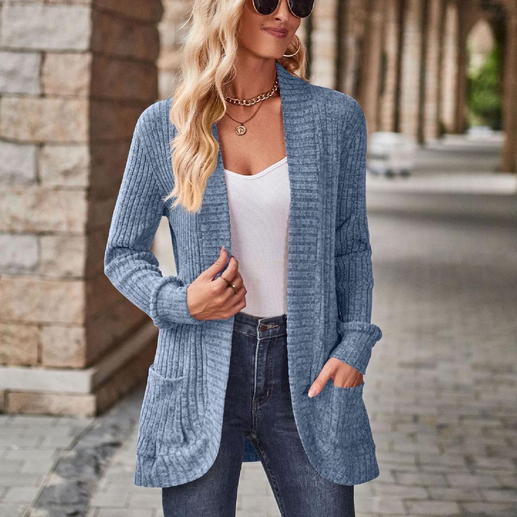 Women Ladies Solid Color Long Sleeve Length Cardigan Sweater Coat Top