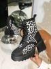 Мода Женская Мода Леопардовый Принт Ботильоны Осень Зима Толстая Подошва Шнуровка Обувь Женщина Нескользящая Платформа Боевые Ботинки Большой Размер 42