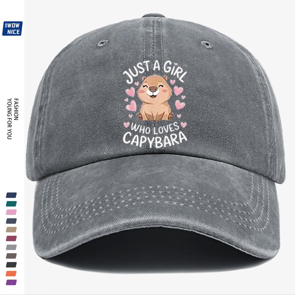 pc Cute Capybara Cartoon Pattern Baseball Cap JUST A WHO LOVES CAPYBARA English Lettering Surrounded by Pink Heart Accents