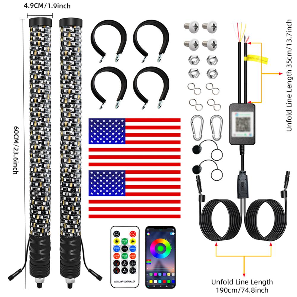 2-футовая RGB светодиодная антенна для RZR с флагом, светодиодные хлысты, управление через приложение и пульт, спиральные огни, аксессуары для бездорожья и UTV