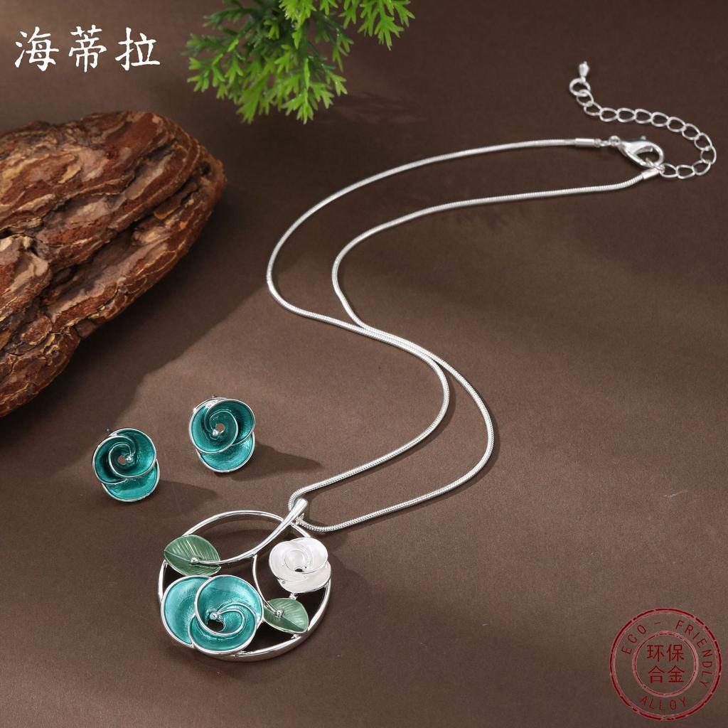 Новый эмалевый цвет полые геометрические серьги-пусеты с розой подвеска набор женская мода ожерелье с розой