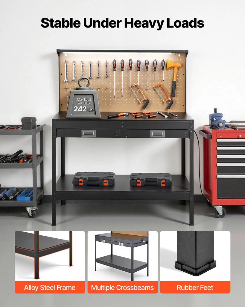 VEVOR Hardwood Workbench, 110 kg Weight Capacity, 1200 mm Heavy Duty Workbench with Pegboard, 4 AC Outlets & 2 USB Ports