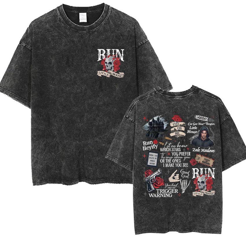 IICYIFY Mens Skull Vintage Washed Tshirts Run Little Mouse Print Short Sleeve Tshirt Yk Unisex Punk Gothic Clothing T Shirt