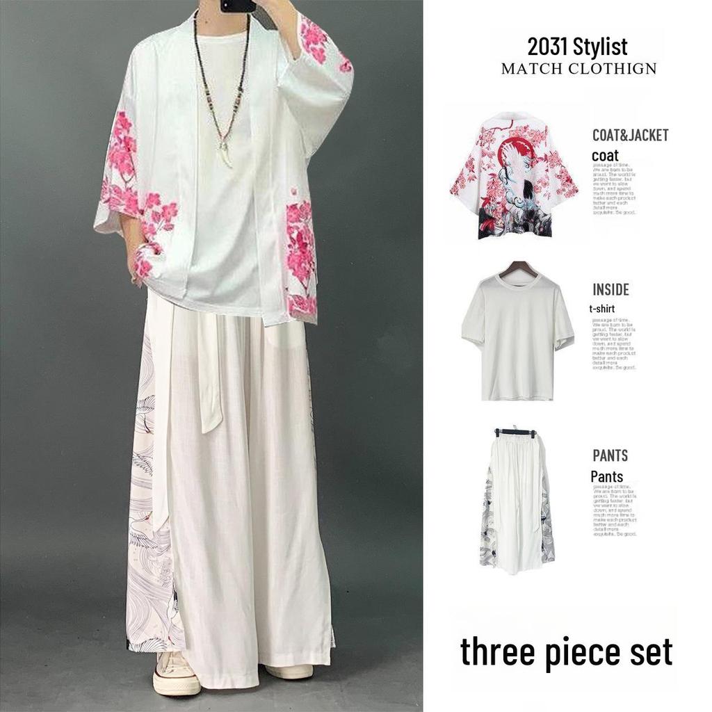 Men's Chinese Style Ice Silk Taoist Robe: Trendy Three-Piece Hanfu Tang Suit for Summer
